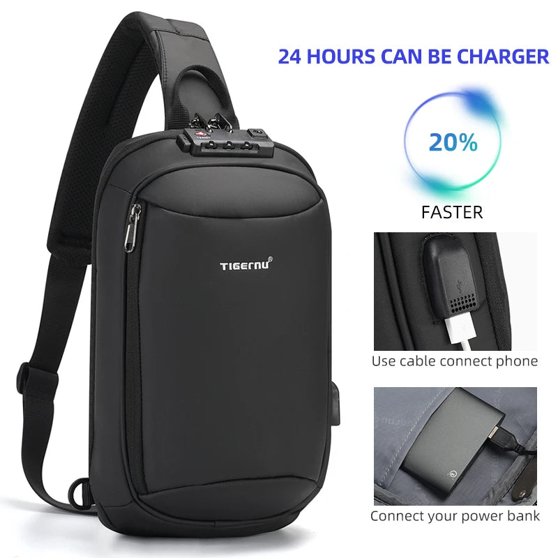 Tigernu Fashion Chest Bags Men High Quality Crossbody Bag Splashproof Chest Bag Anti-theft USB Charging Casual Shoulder Bag Male