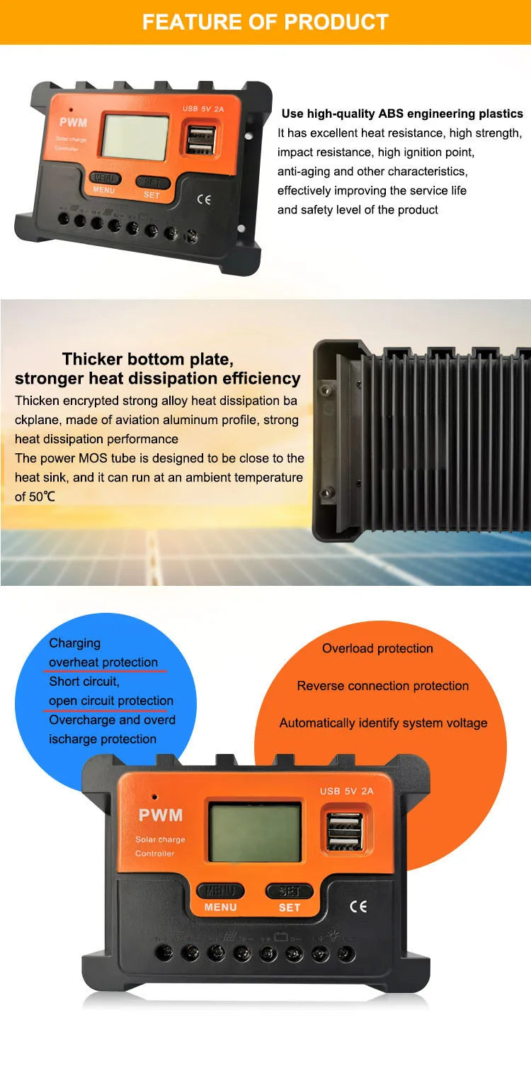Photovoltaic Solar Charger Controller 12V 24V 48V 10A 20A 30A 40A 50A 60A Automatic Light Control Dual USB Output Controller