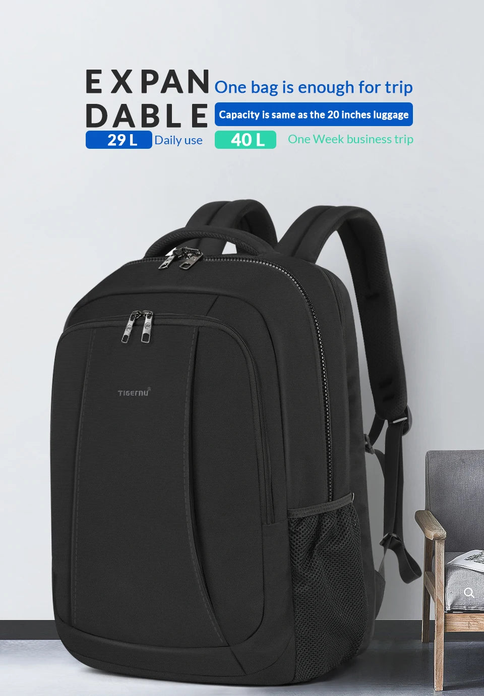 Tigernu Men's Backpacks 17.3 inch Laptop Backpack Bags For Men 39L Large Capacity Travel Bag Anti Theft Bags For School Knapsack
