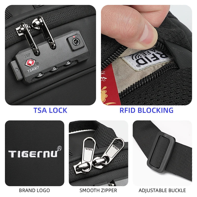 Tigernu Fashion Chest Bags Men High Quality Crossbody Bag Splashproof Chest Bag Anti-theft USB Charging Casual Shoulder Bag Male