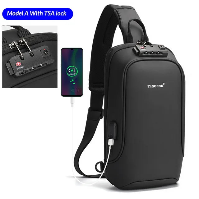 Tigernu Fashion Chest Bags Men High Quality Crossbody Bag Splashproof Chest Bag Anti-theft USB Charging Casual Shoulder Bag Male