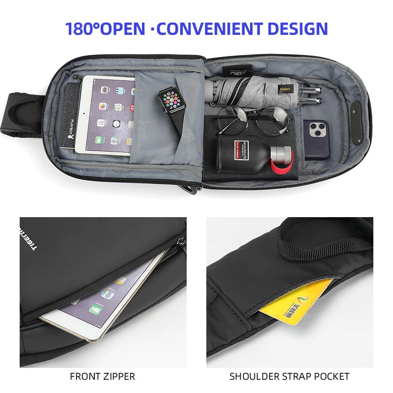Tigernu Fashion Chest Bags Men High Quality Crossbody Bag Splashproof Chest Bag Anti-theft USB Charging Casual Shoulder Bag Male
