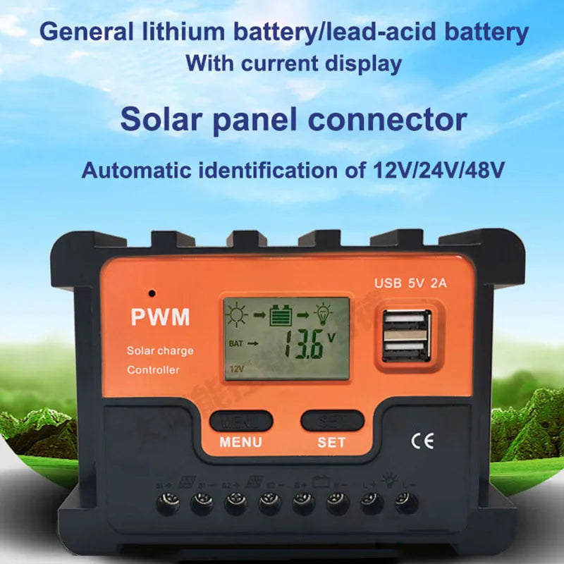 Photovoltaic Solar Charger Controller 12V 24V 48V 10A 20A 30A 40A 50A 60A Automatic Light Control Dual USB Output Controller