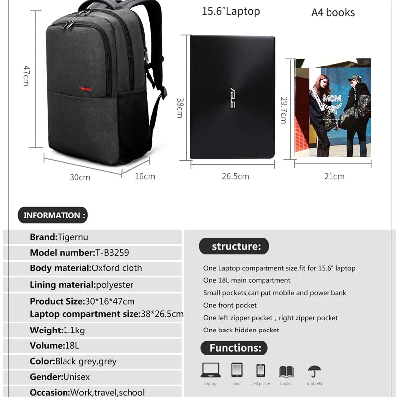 Tigernu Waterproof Anti Theft 15.6inch Laptop Backpack Men Slim School Backpack Bags Male Travel Bagpack For Teenagers Knapsacks