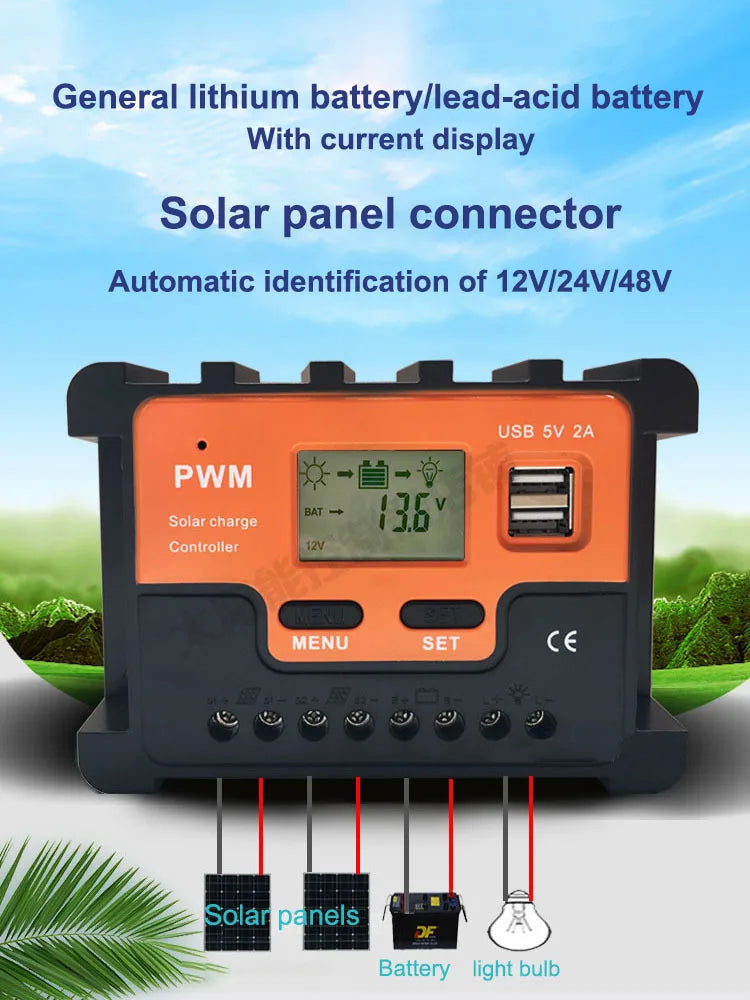 Photovoltaic Solar Charger Controller 12V 24V 48V 10A 20A 30A 40A 50A 60A Automatic Light Control Dual USB Output Controller