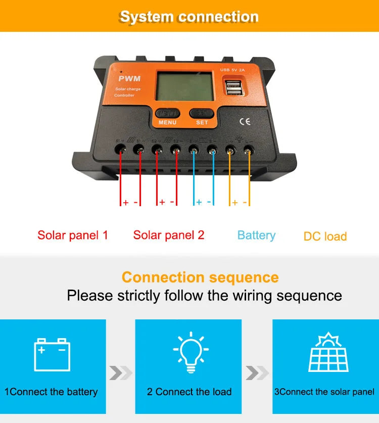 Photovoltaic Solar Charger Controller 12V 24V 48V 10A 20A 30A 40A 50A 60A Automatic Light Control Dual USB Output Controller