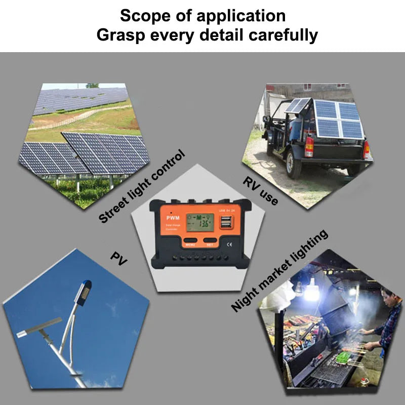 Photovoltaic Solar Charger Controller 12V 24V 48V 10A 20A 30A 40A 50A 60A Automatic Light Control Dual USB Output Controller