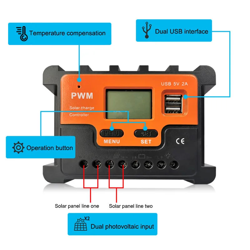Photovoltaic Solar Charger Controller 12V 24V 48V 10A 20A 30A 40A 50A 60A Automatic Light Control Dual USB Output Controller