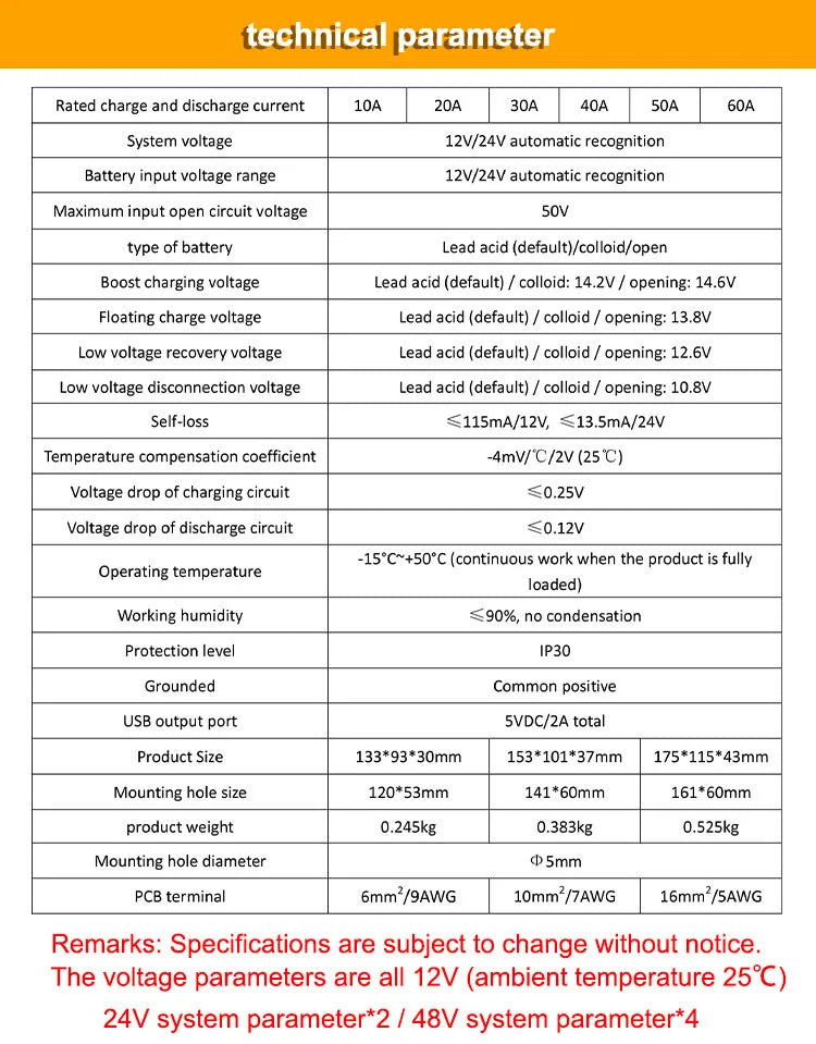 Photovoltaic Solar Charger Controller 12V 24V 48V 10A 20A 30A 40A 50A 60A Automatic Light Control Dual USB Output Controller