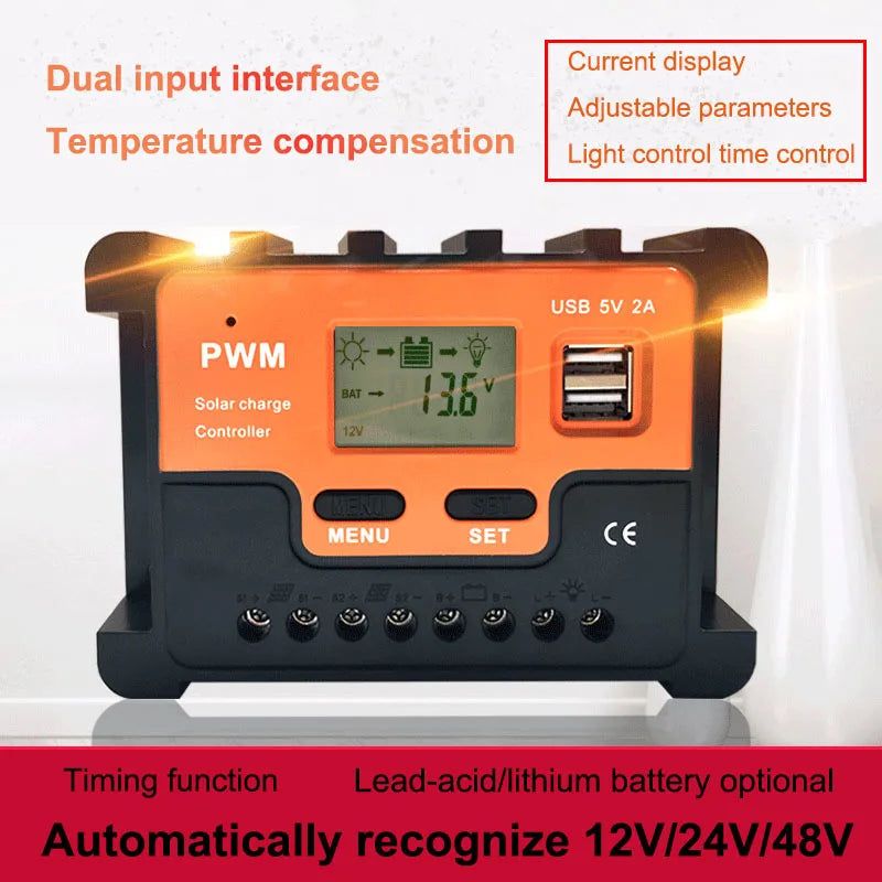 Photovoltaic Solar Charger Controller 12V 24V 48V 10A 20A 30A 40A 50A 60A Automatic Light Control Dual USB Output Controller