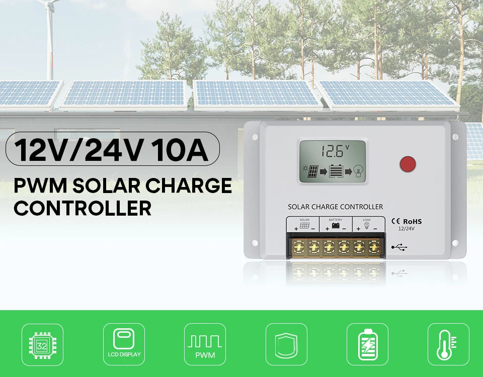 Solar Charge Controller 10A, Bateria Power 24V PWM Solar Controller with LCD Display Dual USB Multiple Load Control Modes fo