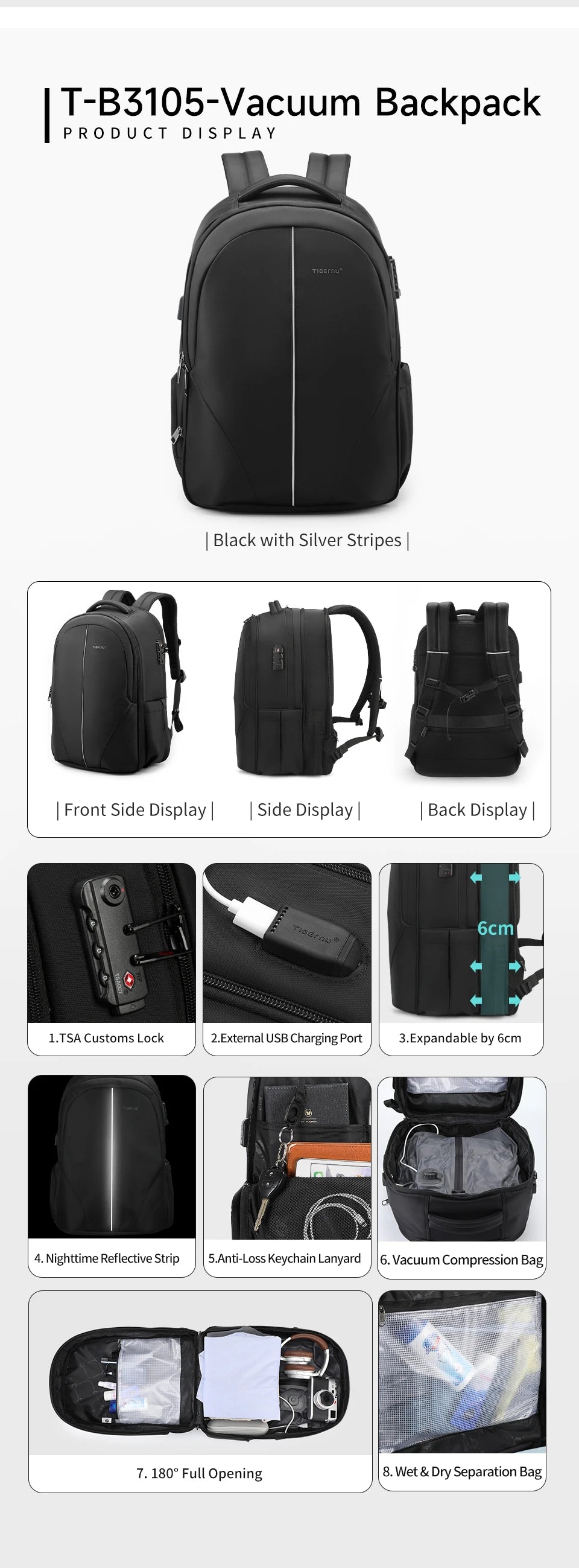 Tigernu Vacuum Compression Backpacks 15.6 17inch Laptop Backpack Men Automatic Vacuum Backpack No Pump Travel Backpack Bags TSA