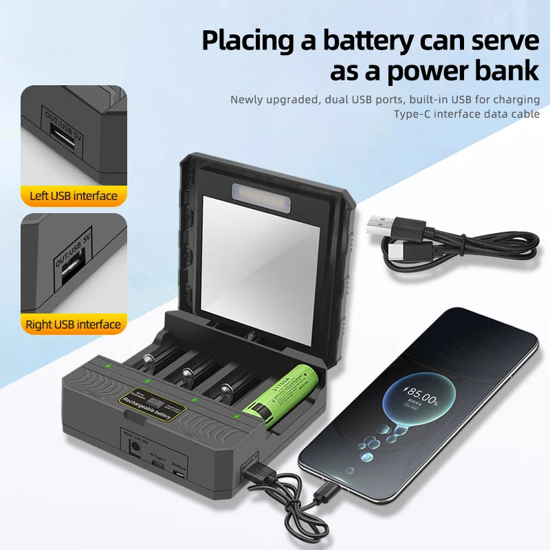 Solar Lithium Battery Smart Charger Type-C USB Four-Slot Multi-Function Outdoor Charger for 3.7V 18650/26650/21700 Batteries