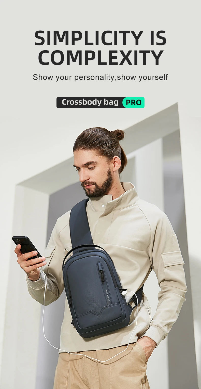 HK Minimalist Crossbody Bag Waterproof Men's Shoulder Bag Oxford Casual School Bag with USB Port Commute Business Chest Bag Male