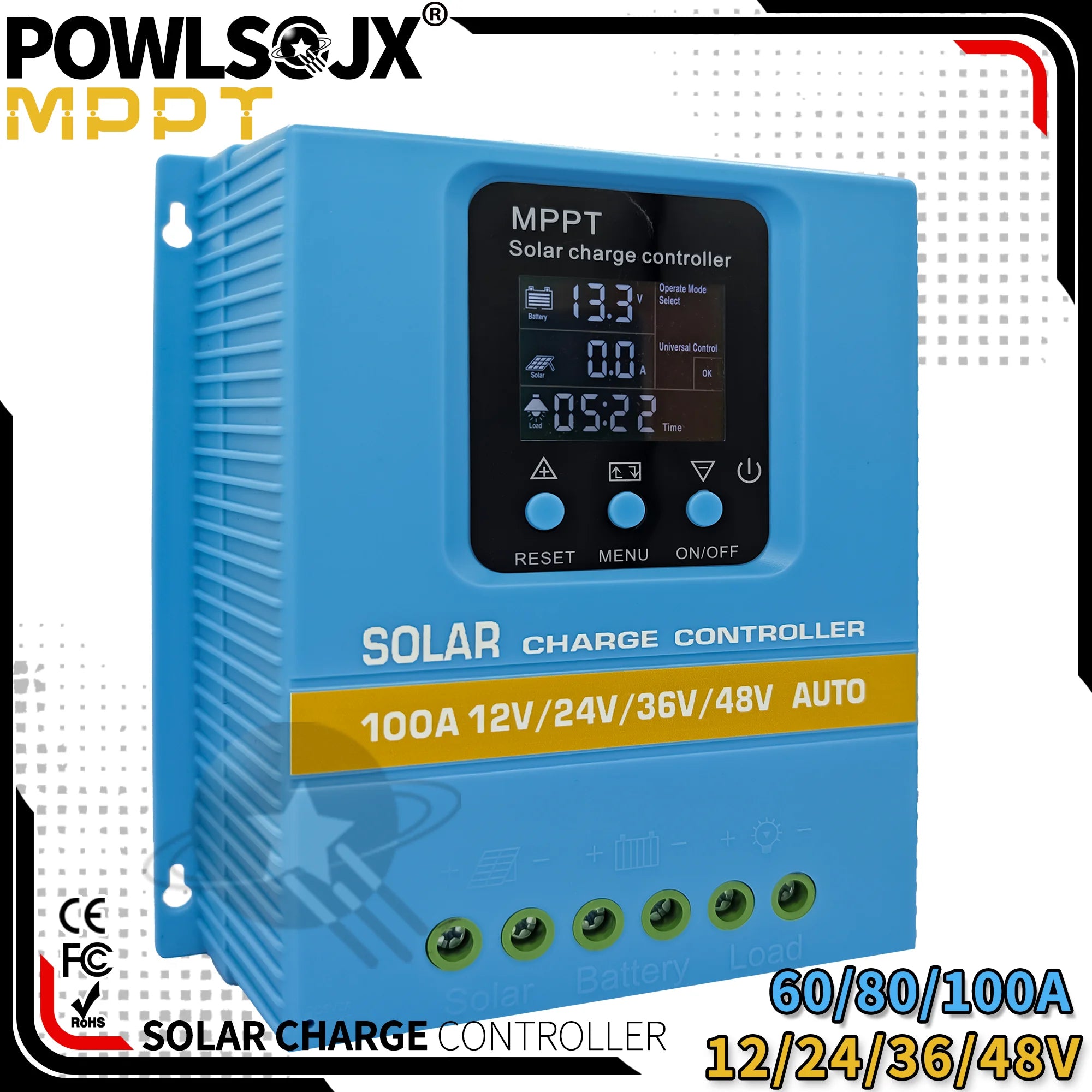 POWLSOJX MPPT Solar Charger 60A/80A/100A Selectable, Dual USB & 3-Stage Protection for Street Light/Home Power Systems