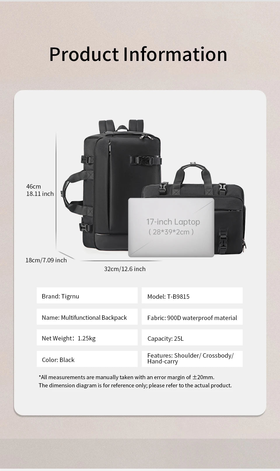 Tigernu Travel Backpack Men Handbags Laptop Backpack For 17inch Shoulder Bag Travel Bag 3 In 1 Bags For Men Schoolbags Knapsack