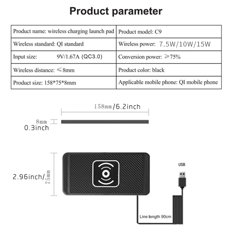 15W Wireless Car Charger Pad Non-Slip Qi Fast Charging for Android & iPhone 11/12/13/14 - Vehicle Phone Charger