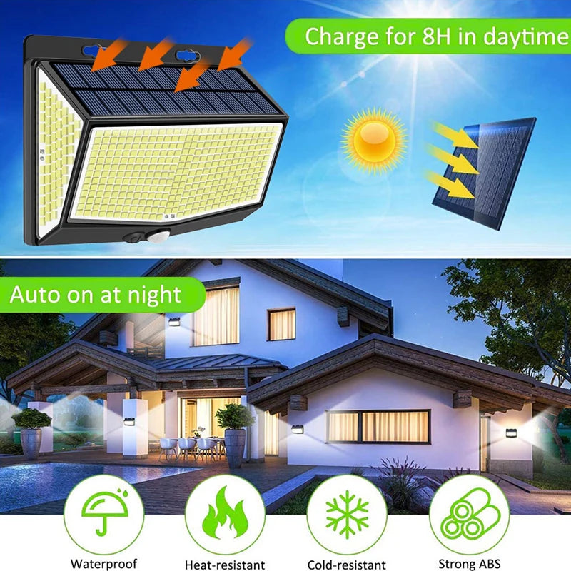 Solar Lights Outdoor 458 LED Solar Wall Lamp Waterproof Wireless Motion Sensor Security 3 Modes Garden Fence Yard Deck Garage