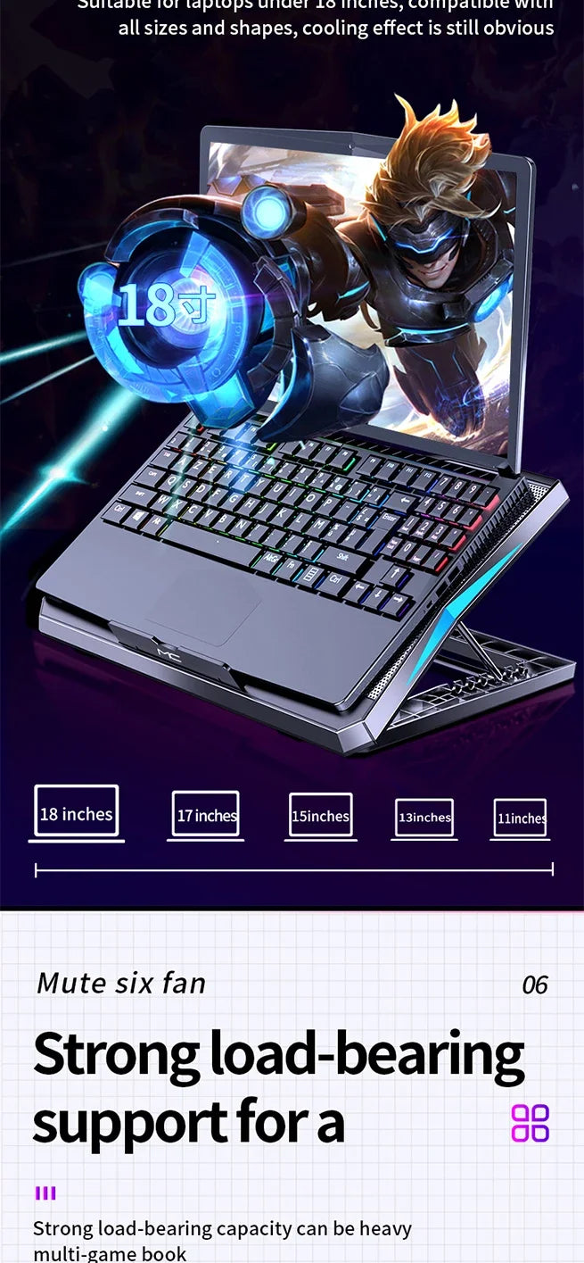 Q3 Gaming Laptop Cooler With Six Fans Adjustable Height Silent Cooling Pad Laptops Computer Stand For Laptops Below 15.6-inch
