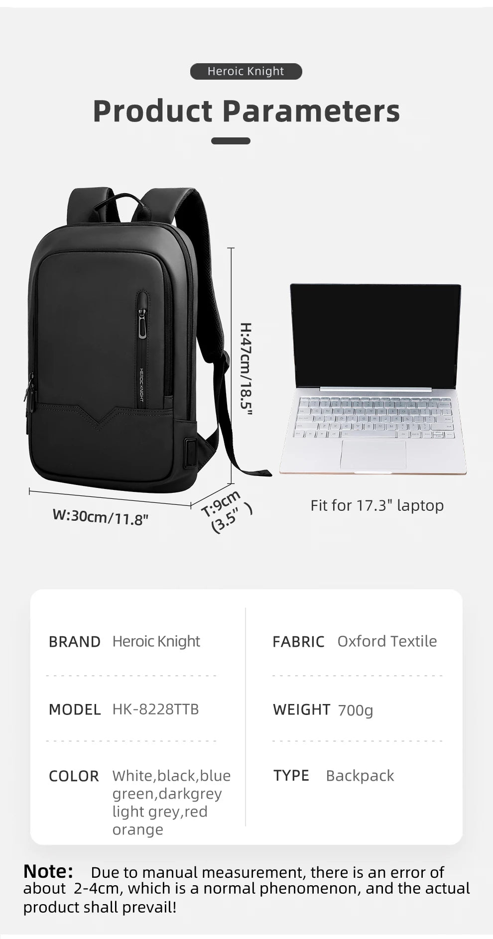 HK Slim Business Backpack for Men 17.3 inch Laptop Bag with USB Port Lightweight School Bag Waterproof Travel Backpacks for Work