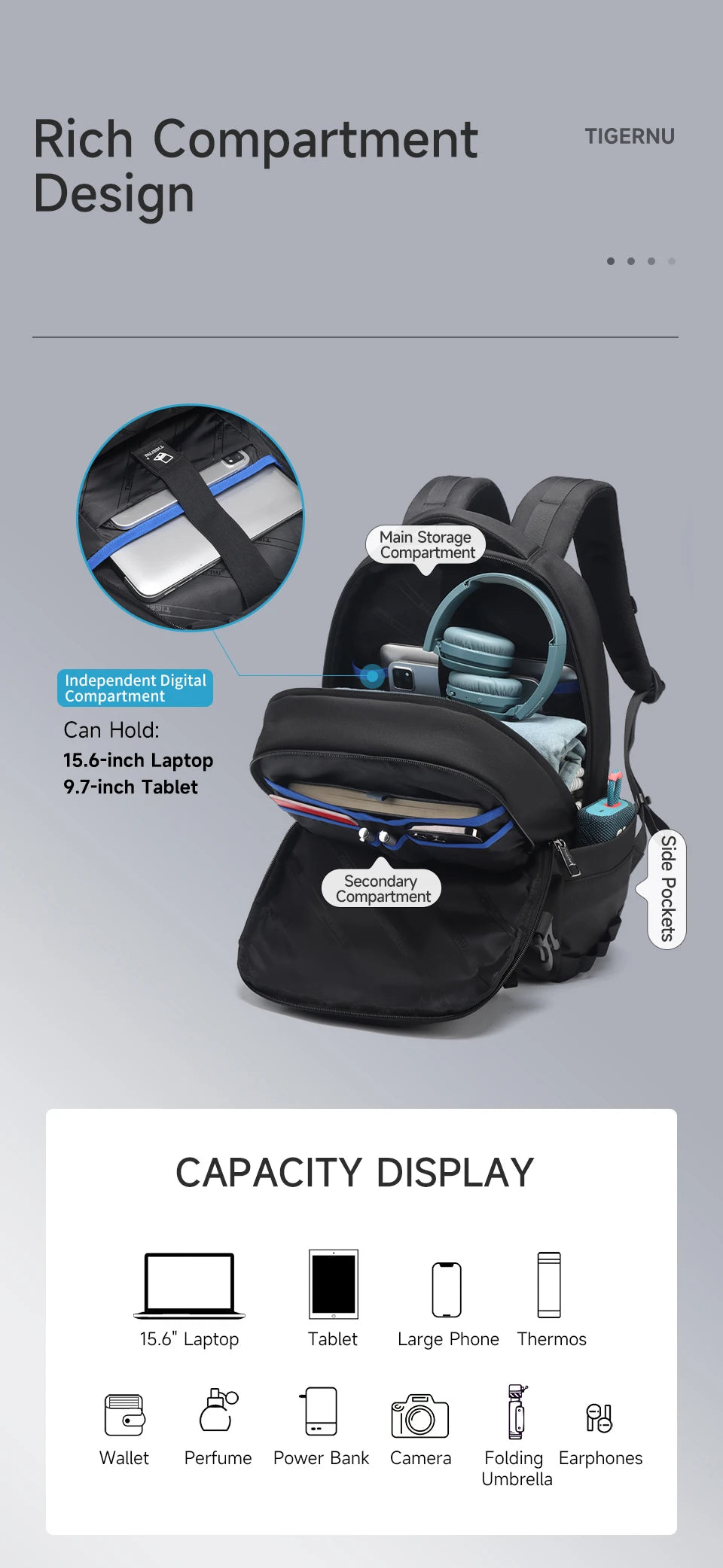 Tigernu School Backpacks For Men Bags For Travel Backpacks Women Nylon Bags For School Knapsack Girls 15.6 Laptop Backpacks Male