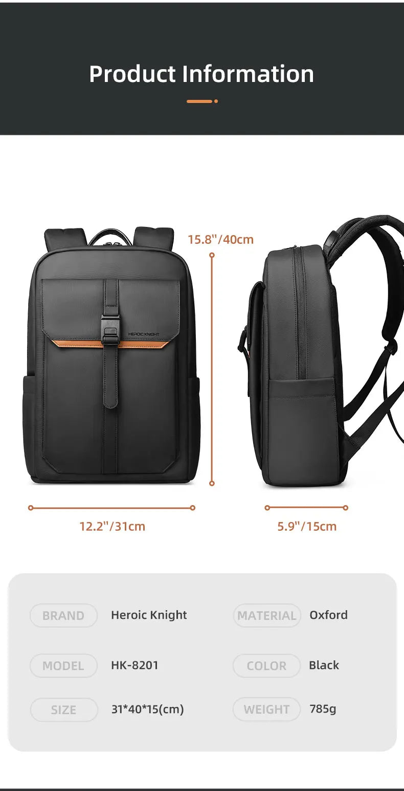 HK Stylish Business Backpack for Men Waterproof 15.6 inch Flap Laptop Backpack Multiple Pockets Casual Daypack for Work School