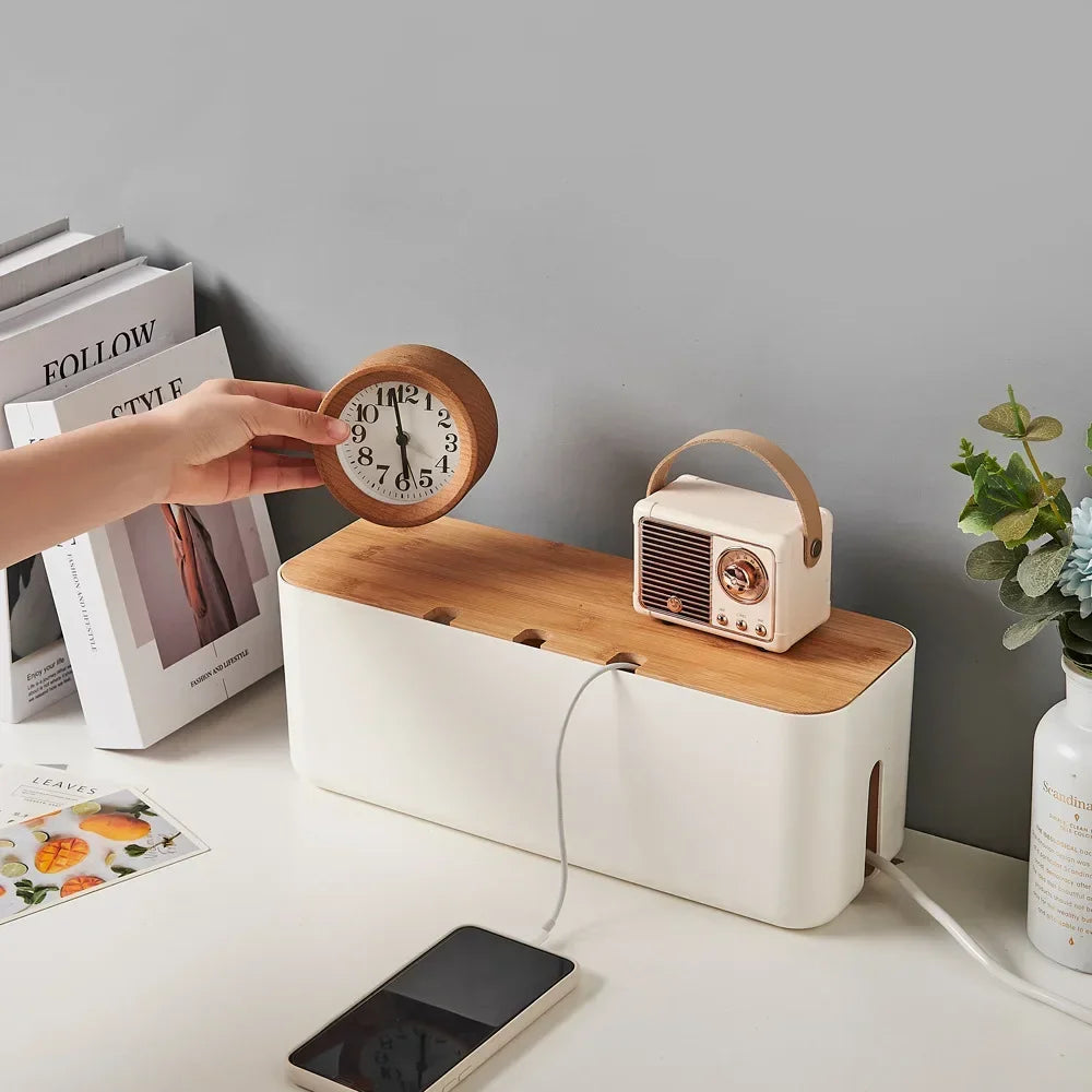 Bamboo Cover Cable Management Box Wire Junction Board Storage Box Hide Wires Power Strips Desk Cable Computer Organizer Box