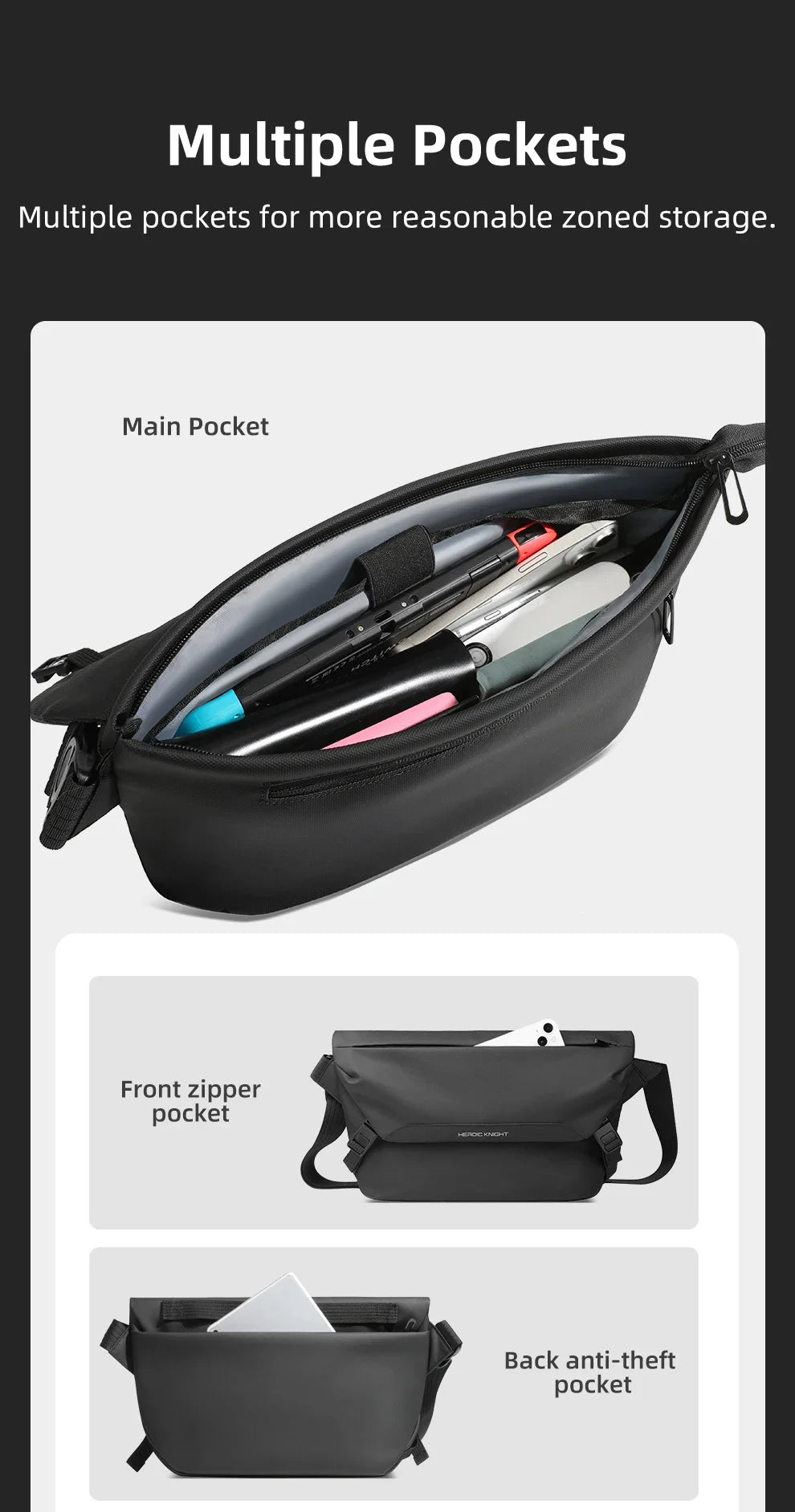HK Minimalist Crossbody Bag for Men Waterproof Shoulder Messenger Bag Lightweight Sling Pack Casual Travel Chest Bag Shool Bag
