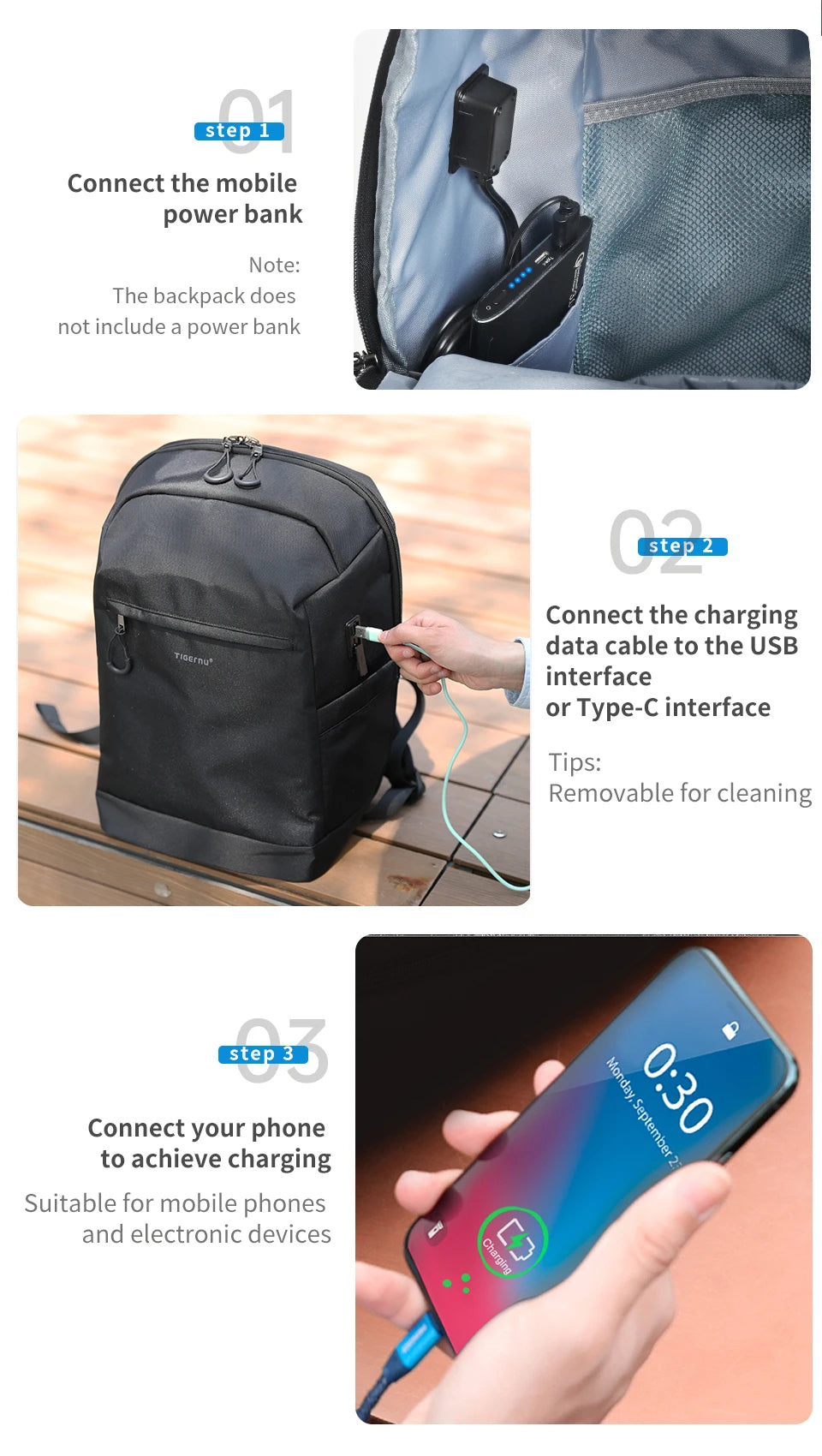 Tigernu Men's Backpack Large Capacity Travel Backpack Fashion Water Repellent USB Port School Backpack Bag Schoolbag Knapsack