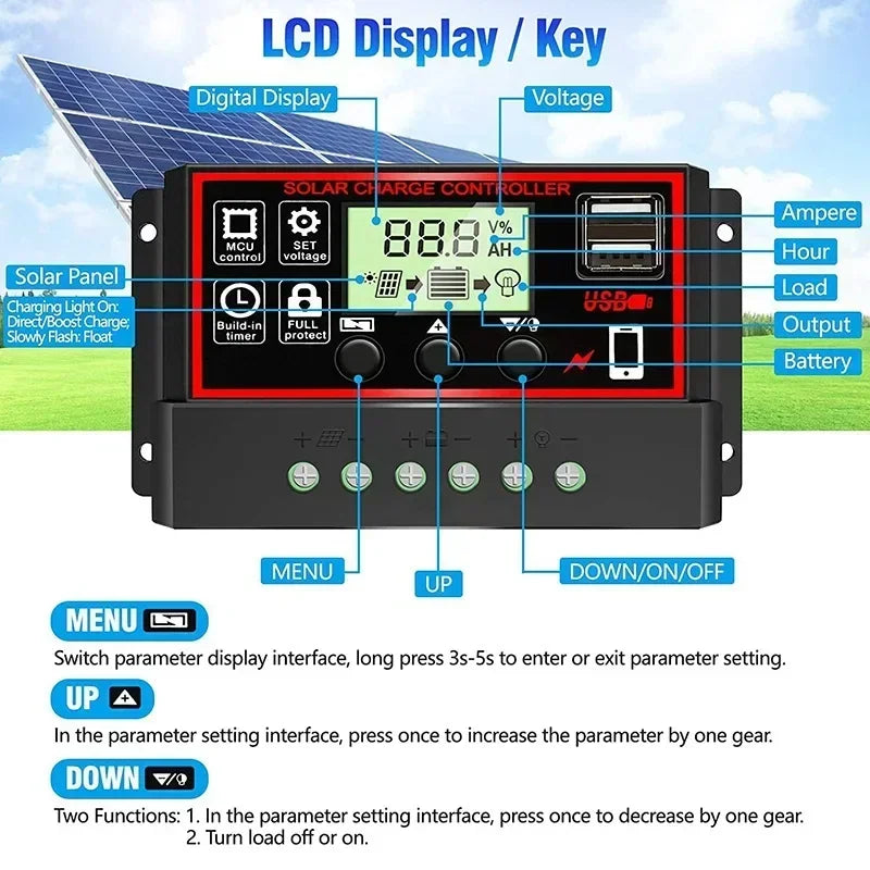 Solar Charge Controller 10A/20A/30A/40A/50A/60A/80A/90A/100A USB LCD Display 12V 24V Panel Charger Regulator with Load
