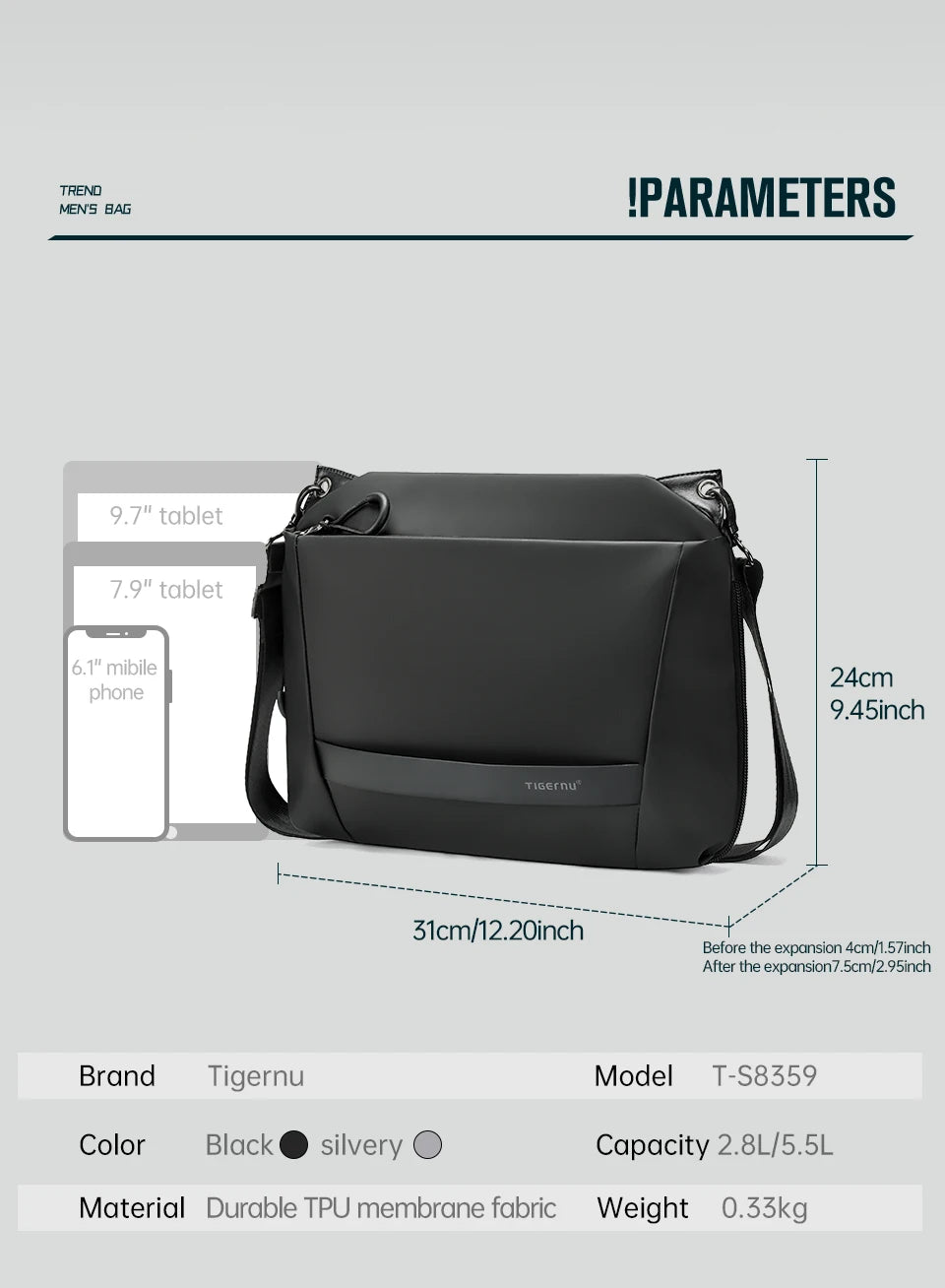 Tigernu Men Crossbody Bags 9inch Tablet Bag Shoulder Bags For Men Fashion Expandable Bags Handbag Sling Bags For College TPU Bag