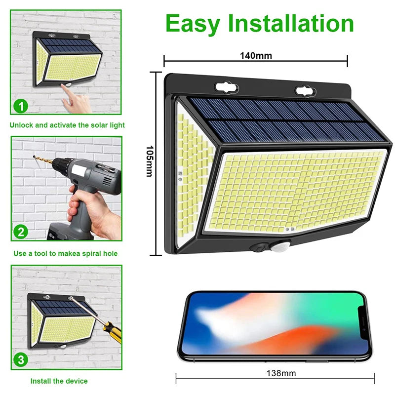 Solar Lights Outdoor 458 LED Solar Wall Lamp Waterproof Wireless Motion Sensor Security 3 Modes Garden Fence Yard Deck Garage