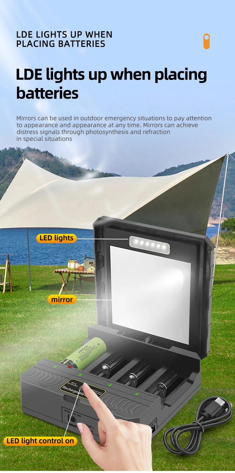 Solar Lithium Battery Smart Charger Type-C USB Four-Slot Multi-Function Outdoor Charger for 3.7V 18650/26650/21700 Batteries