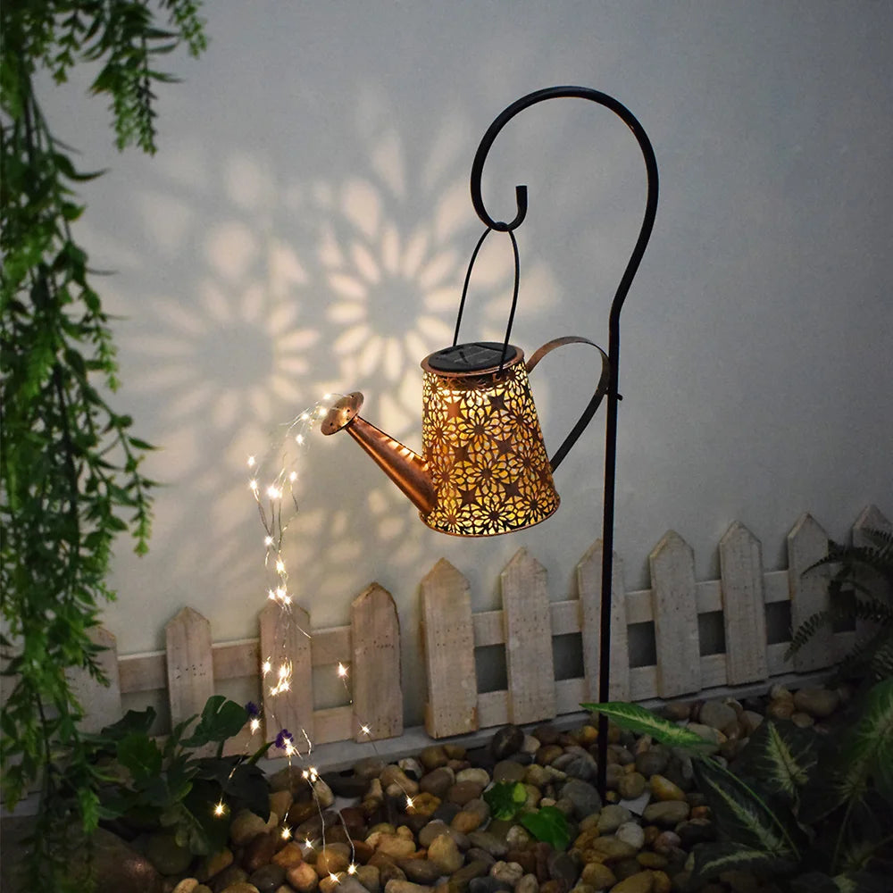 Solar Watering Can Light Outdoor Garden Decoration – Hollow Iron LED Projection Lamp, Waterproof Landscape Ground Stake Light