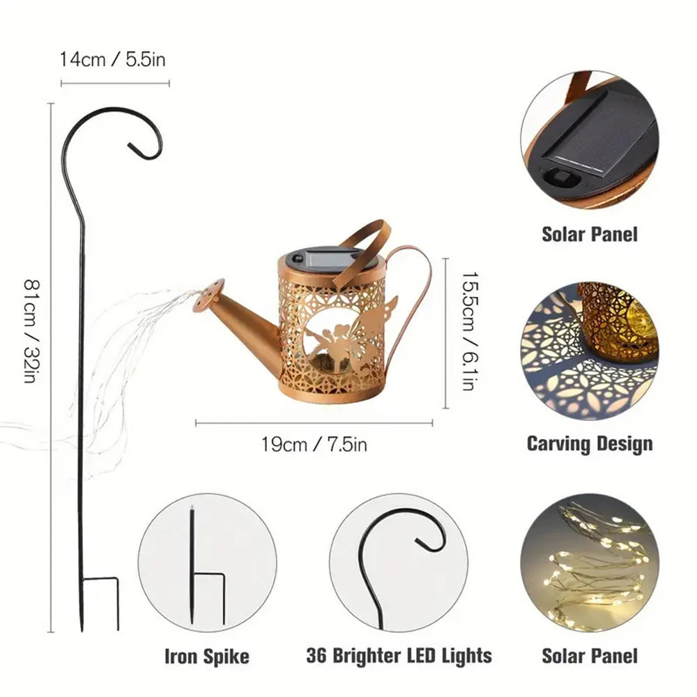 Solar Watering Can Light Outdoor Garden Decoration – Hollow Iron LED Projection Lamp, Waterproof Landscape Ground Stake Light