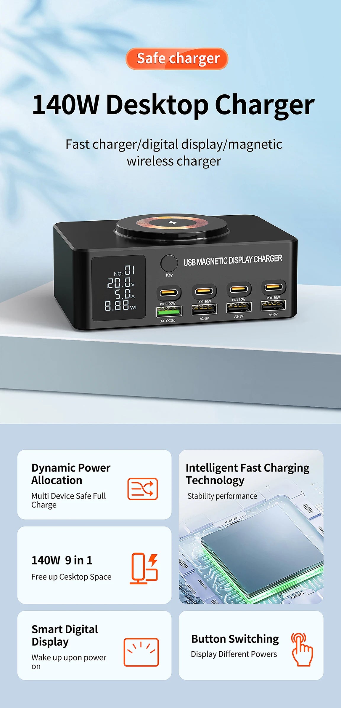 220W GaN USB Type C Fast Charger Portable QC3.0 140W Desktop Power Charging Station Charger For iPhone 16 15 Pro Max MacBook Air