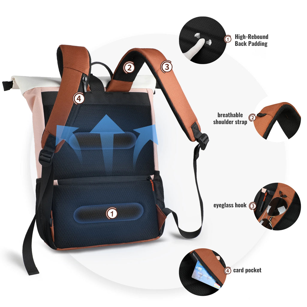 HK Expandable Travel Backpack Roll-top Laptop Backpack for Women Waterproof 15.6 inch Computer School Bags with USB Port Daypack