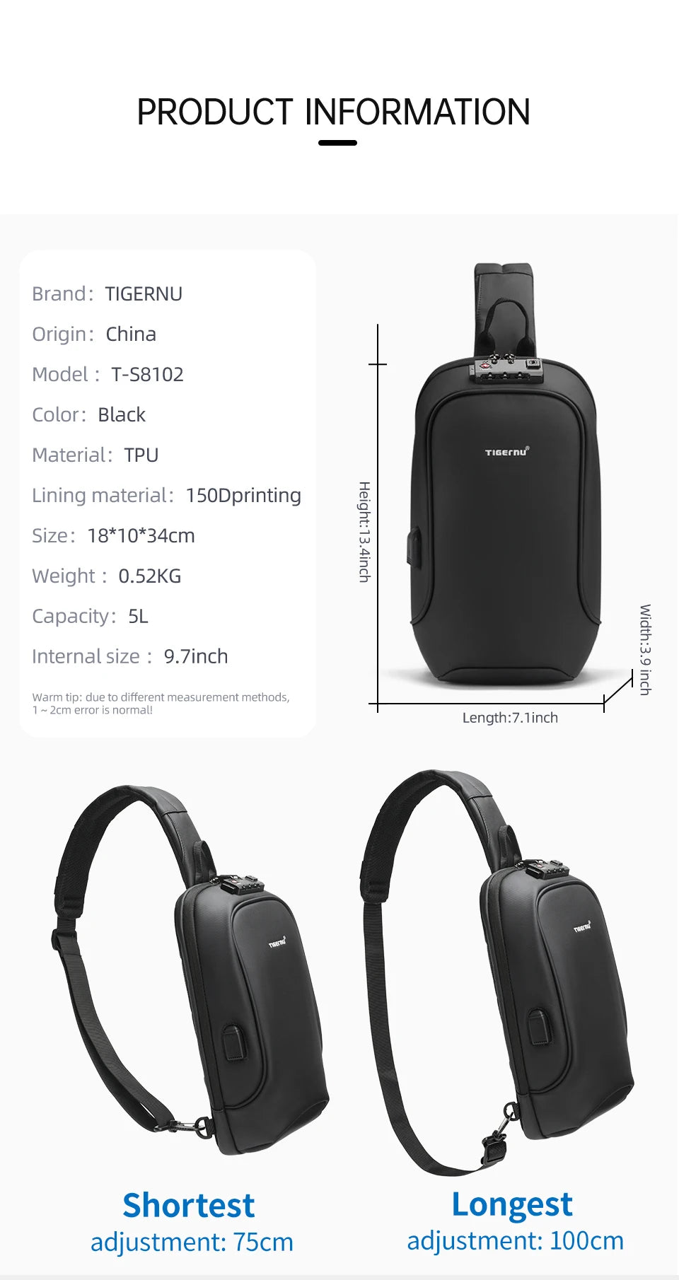 Tigernu Fashion Chest Bags Men High Quality Crossbody Bag Splashproof Chest Bag Anti-theft USB Charging Casual Shoulder Bag Male