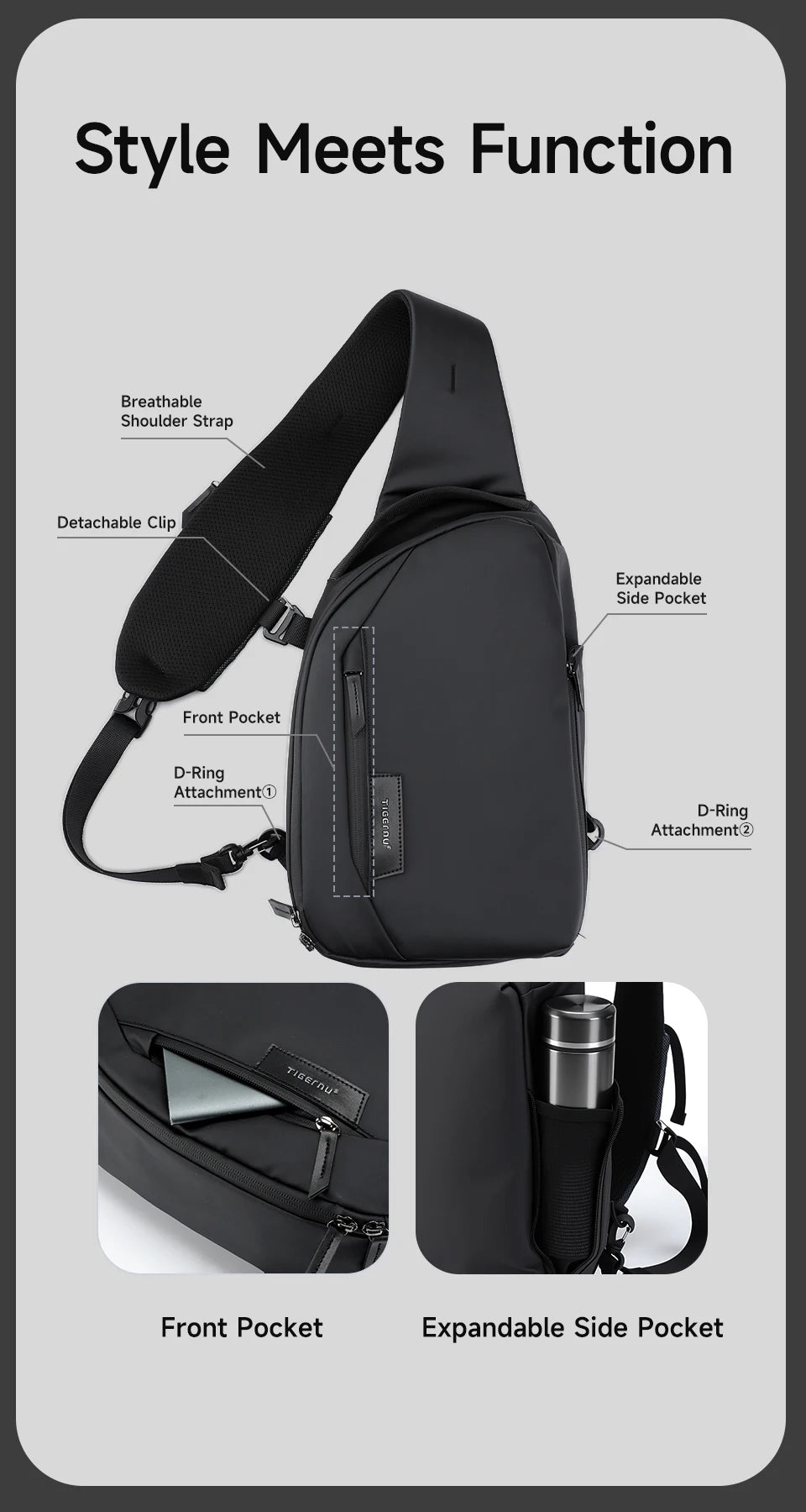 Tigernu Fashion Men's Shoulder Bag Travel Chest Bags for Men Water-Resistant Sling Bag Cross Bag Large Capacity 11 Inch IPad Bag