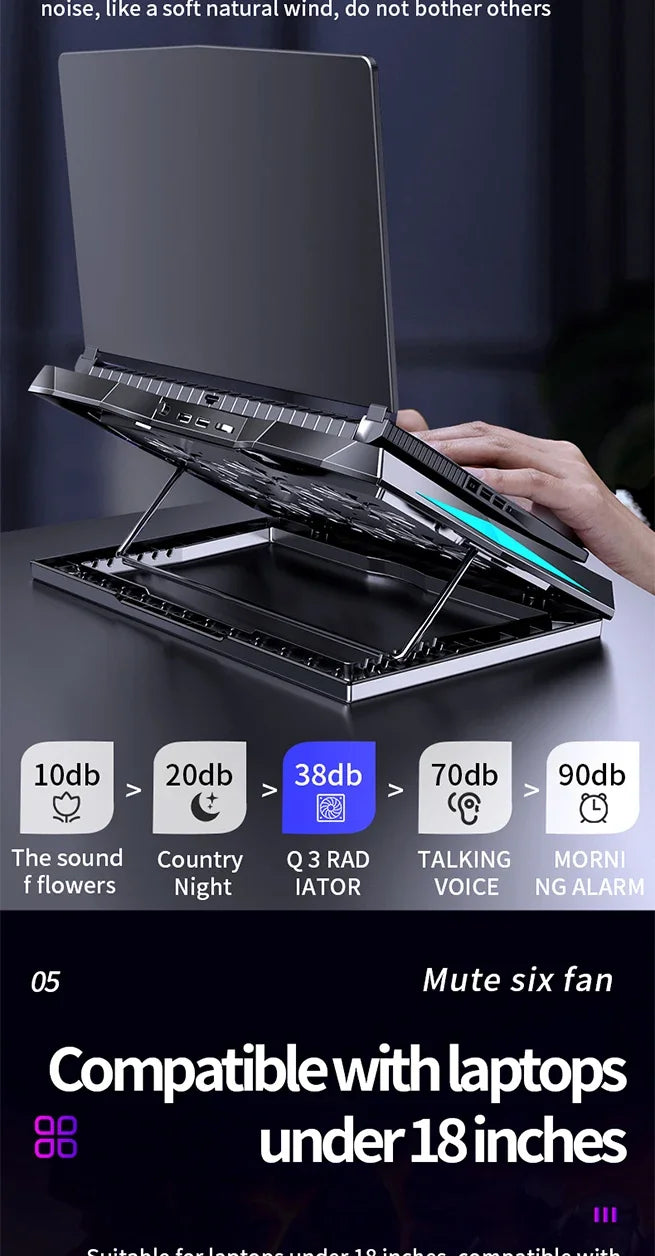 Q3 Gaming Laptop Cooler With Six Fans Adjustable Height Silent Cooling Pad Laptops Computer Stand For Laptops Below 15.6-inch