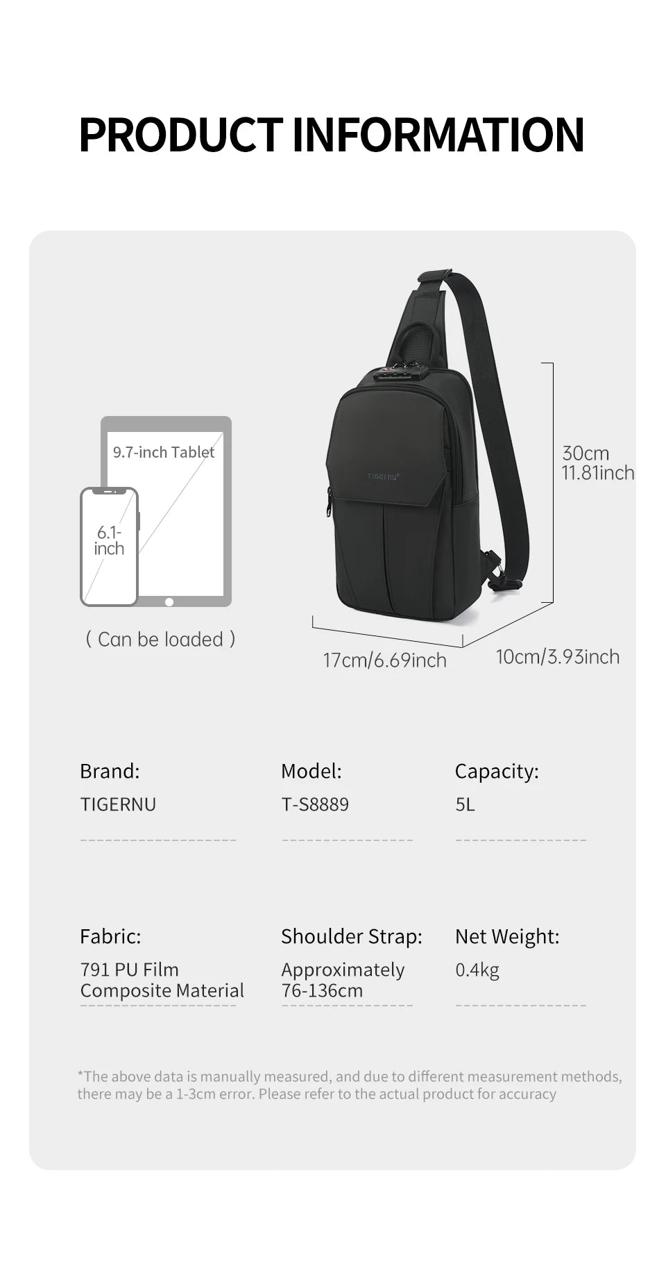 Tigernu Chest Bag Men 9.7inch IPad Pack Korean Style Shoulder Bag Waterproof Crossbody Bag Men's Anti-Theft Pack TSA