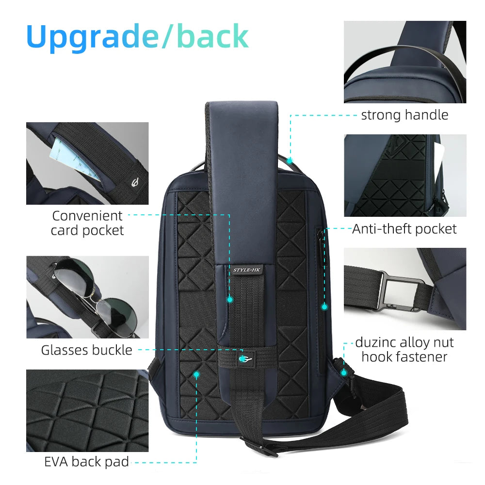 HK Minimalist Crossbody Bag Waterproof Men's Shoulder Bag Oxford Casual School Bag with USB Port Commute Business Chest Bag Male