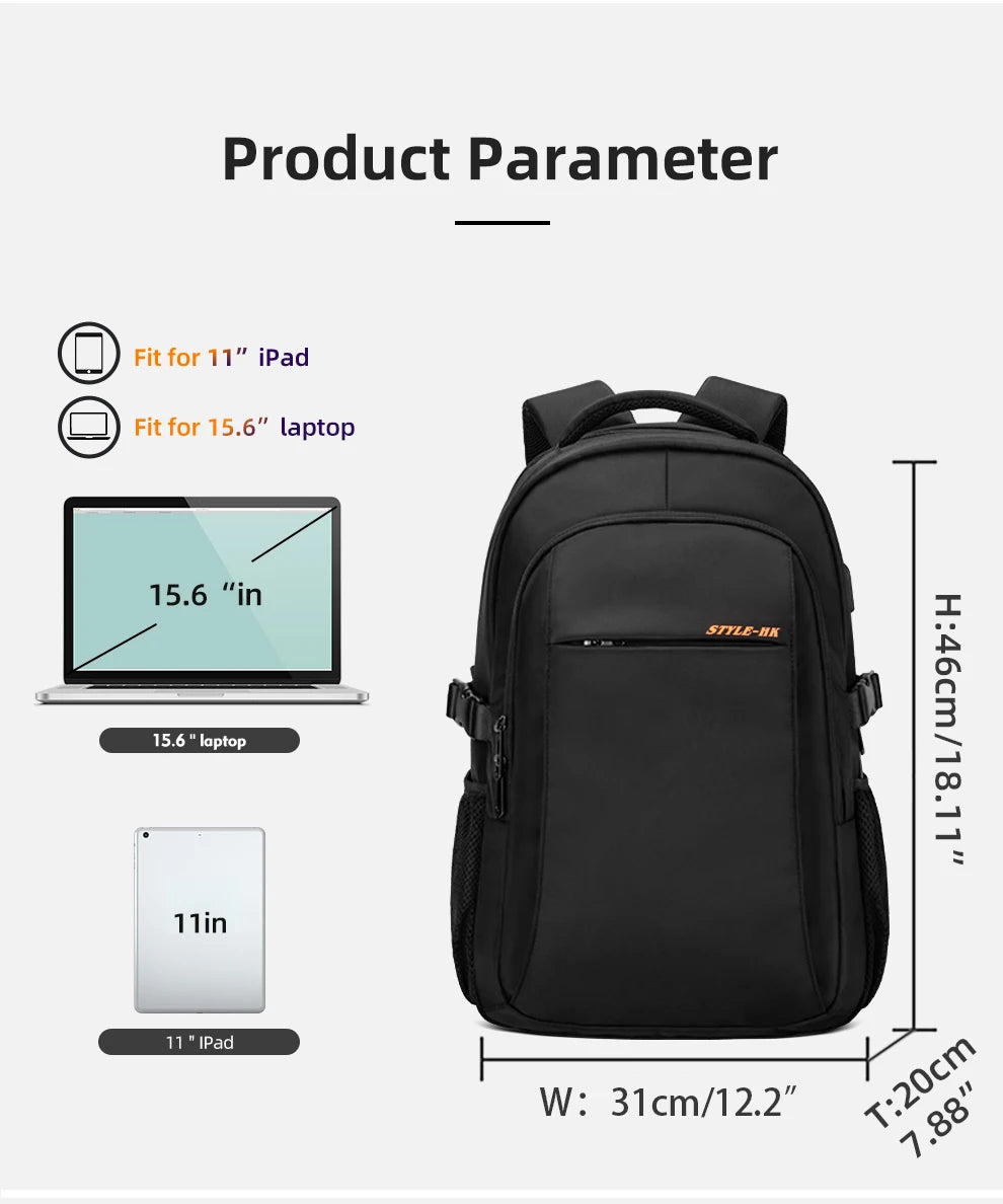 HK Casual 15.6 inch Laptop Backpack Men Large Capacity School Bags Business Travel Backpack Student Sports Backpack YKK Zippers
