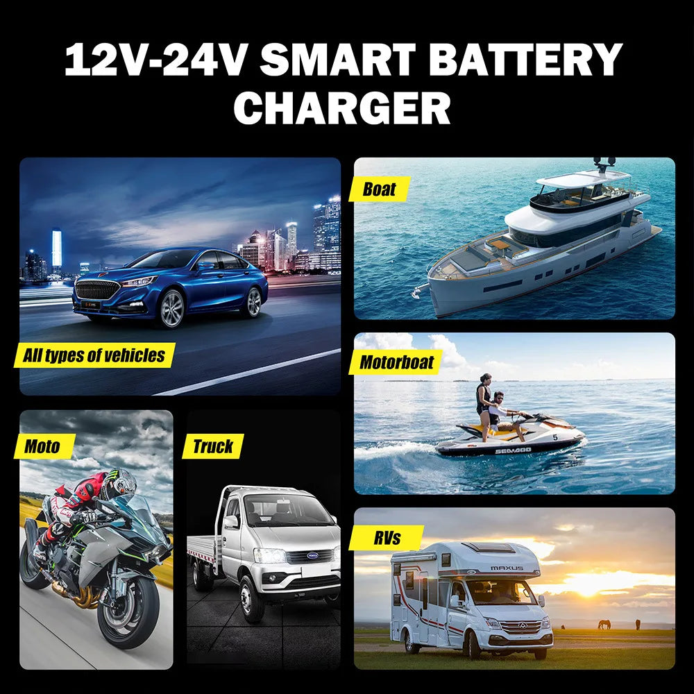 12V 24V Motorcycle Car Truck Battery Charger Repair Tool AGM Charger for Vehicle Batteries