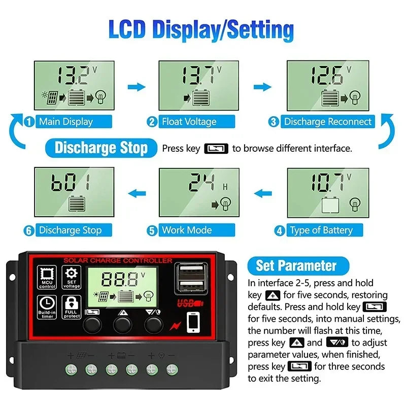 Solar Charge Controller 10A/20A/30A/40A/50A/60A/80A/90A/100A USB LCD Display 12V 24V Panel Charger Regulator with Load