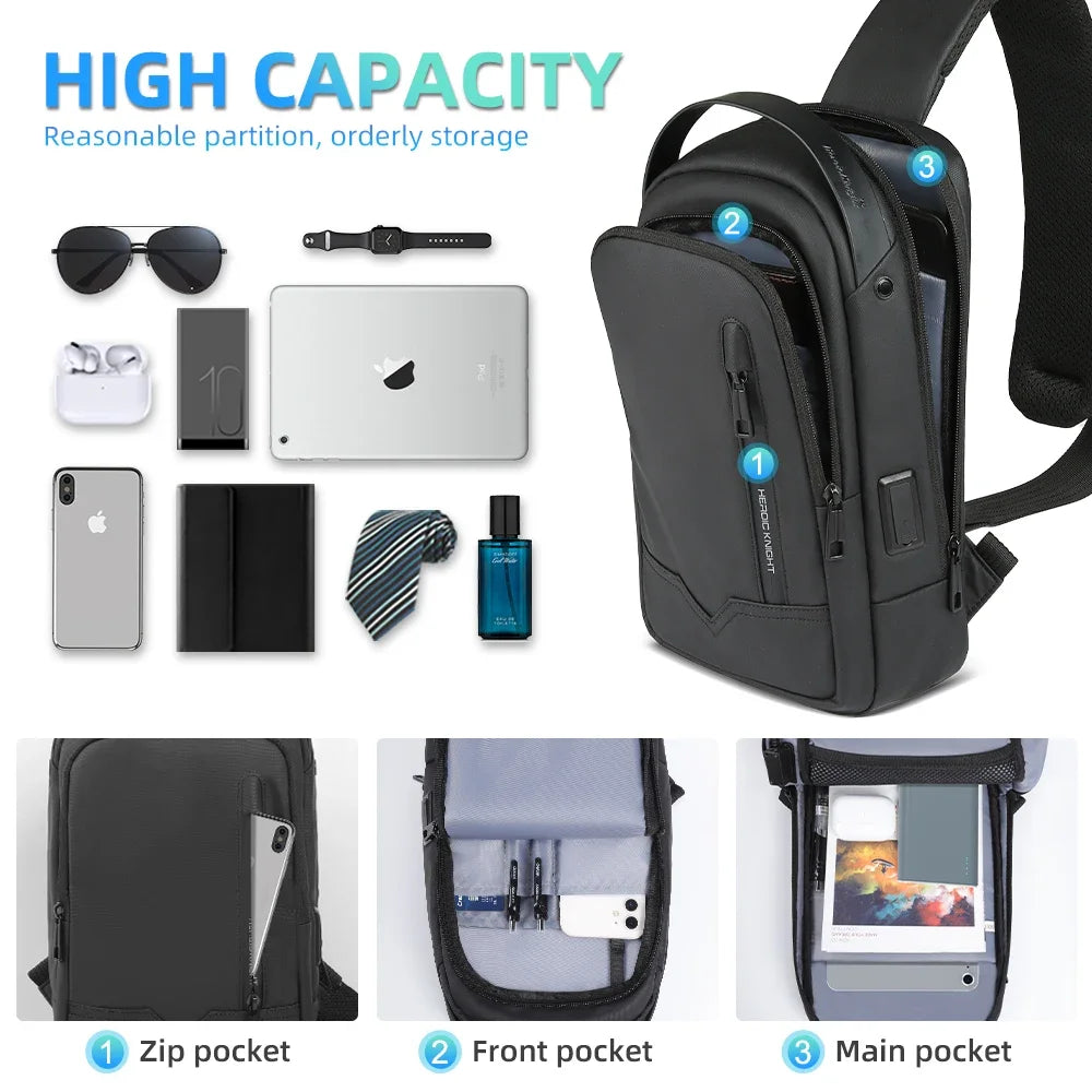 HK Waterproof Men's Shoulder Bag Lightweight Crossbody Bag Oxford Casual Satchel with USB Port Commute Business Chest Bag Male