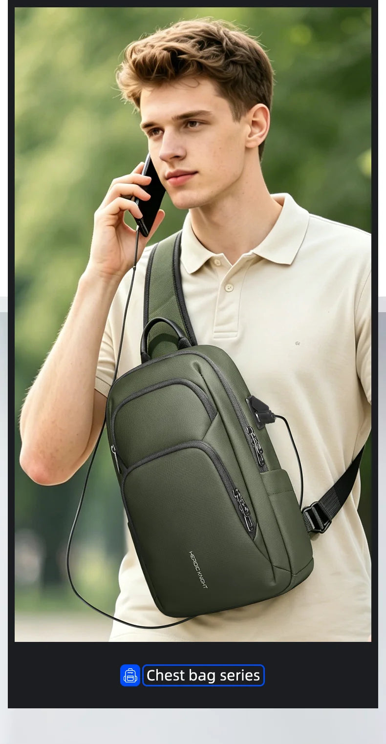 HK Waterproof Men's Shoulder Bag Fit 7.9" iPad Lightweight Crossbody Bag with USB Port Minimalist Phone Pouch for Daily Commute