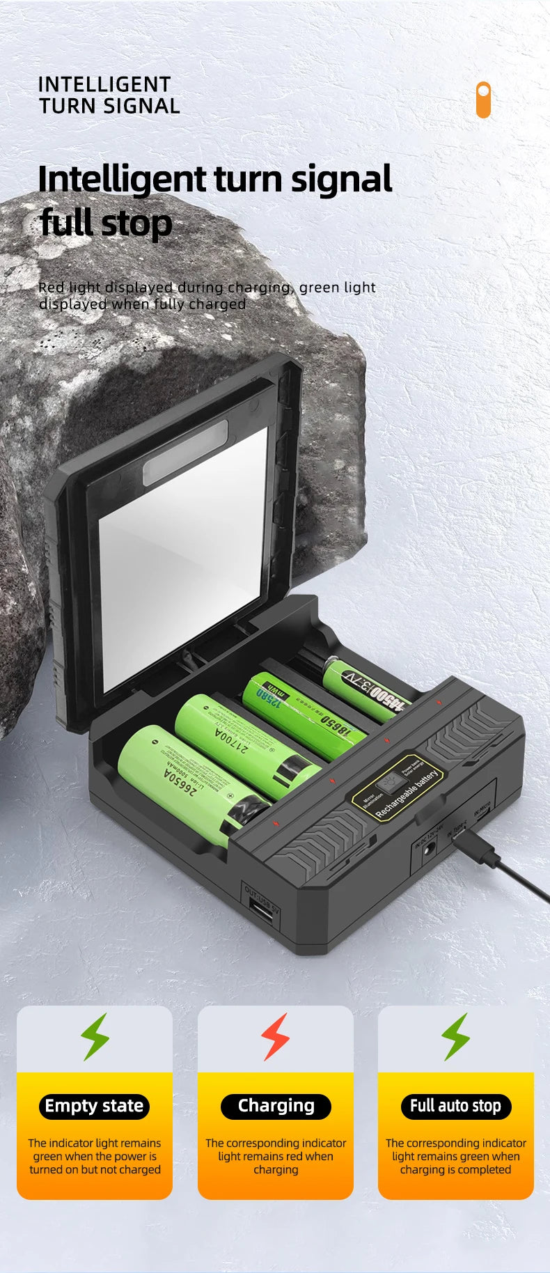 Solar Lithium Battery Smart Charger Type-C USB Four-Slot Multi-Function Outdoor Charger for 3.7V 18650/26650/21700 Batteries