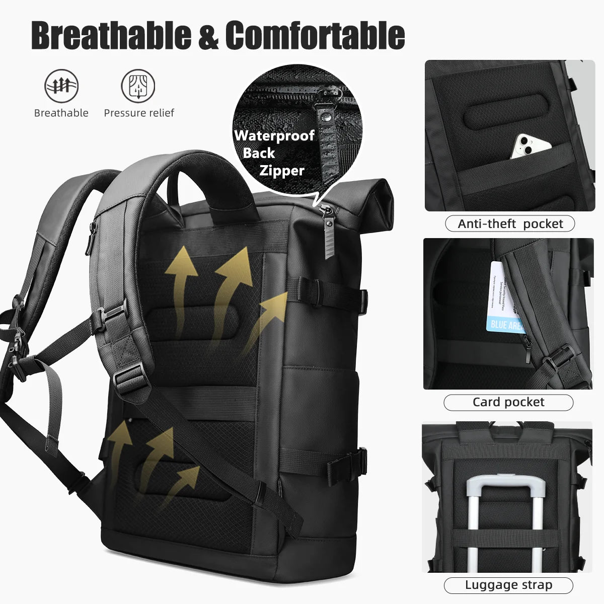 HK Roll-top Travel Backpack Expandable Business Backpack for Men 15.6 Inch Laptop Bag Casual Commute Daypack Computer Men's Bag