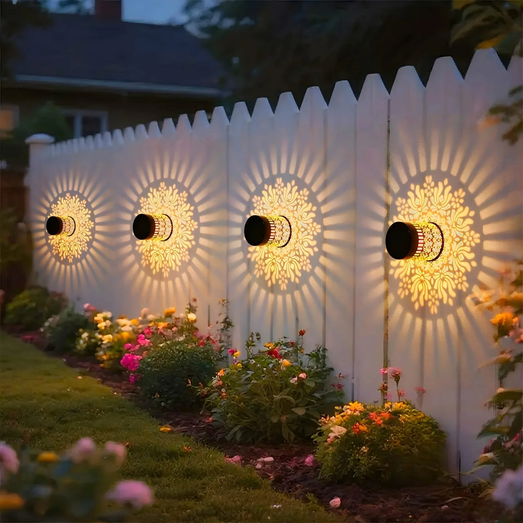 Solar Outdoor Wall Light Projector Waterproof Garden Lamp Patio Fence Decorative Hollow Lantern Lawn Yard Pathway Decor Lighting